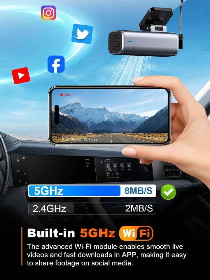 Galphi-Q2 4K dash cam with 5G WiFi, 64GB card, loop recording, and 24-hour parking monitor