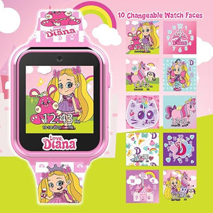 Love Diana Kids Smart Watch - Touchscreen with Games, Selfie Camera, Step Tracker, Alarm Timer, Voice Recorder, and Printed Silicone Strap - Fits Wrists 5.5" to 8.0"