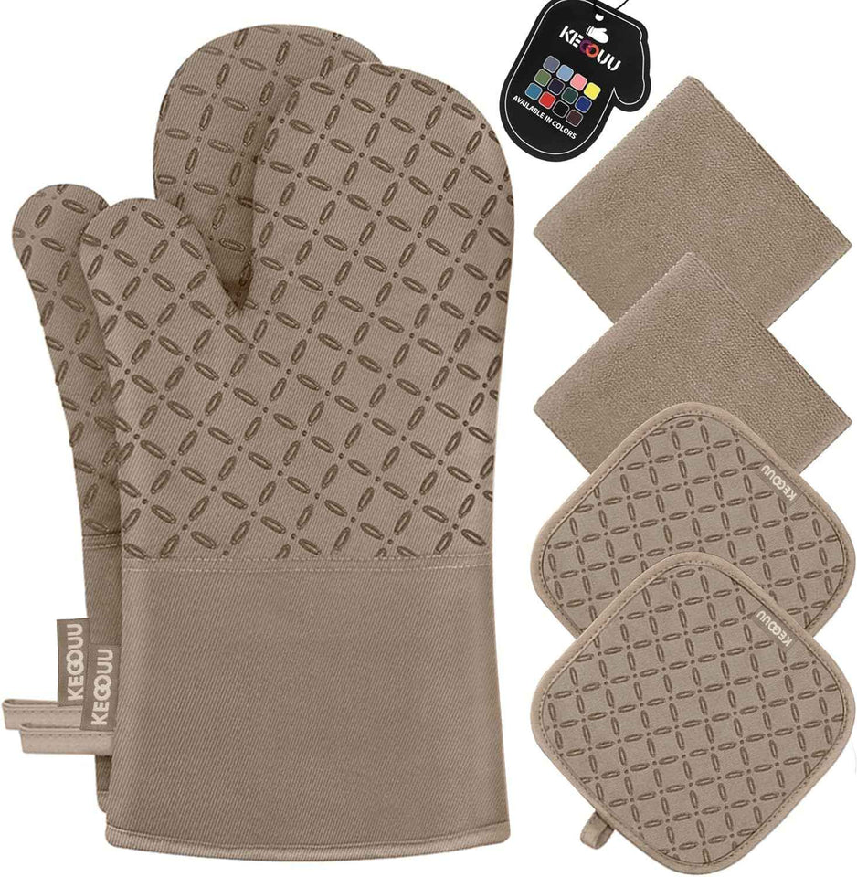 KEGOUU Oven Mitts and Pot Holders 6pcs Set, Kitchen Oven Glove High Heat Resistant 500 Degree Extra Long Oven Mitts and Potholder with Non-Slip Silicone Surface for Cooking (Grey)