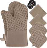 KEGOUU Oven Mitts and Pot Holders 6pcs Set, Kitchen Oven Glove High Heat Resistant 500 Degree Extra Long Oven Mitts and Potholder with Non-Slip Silicone Surface for Cooking (Grey)