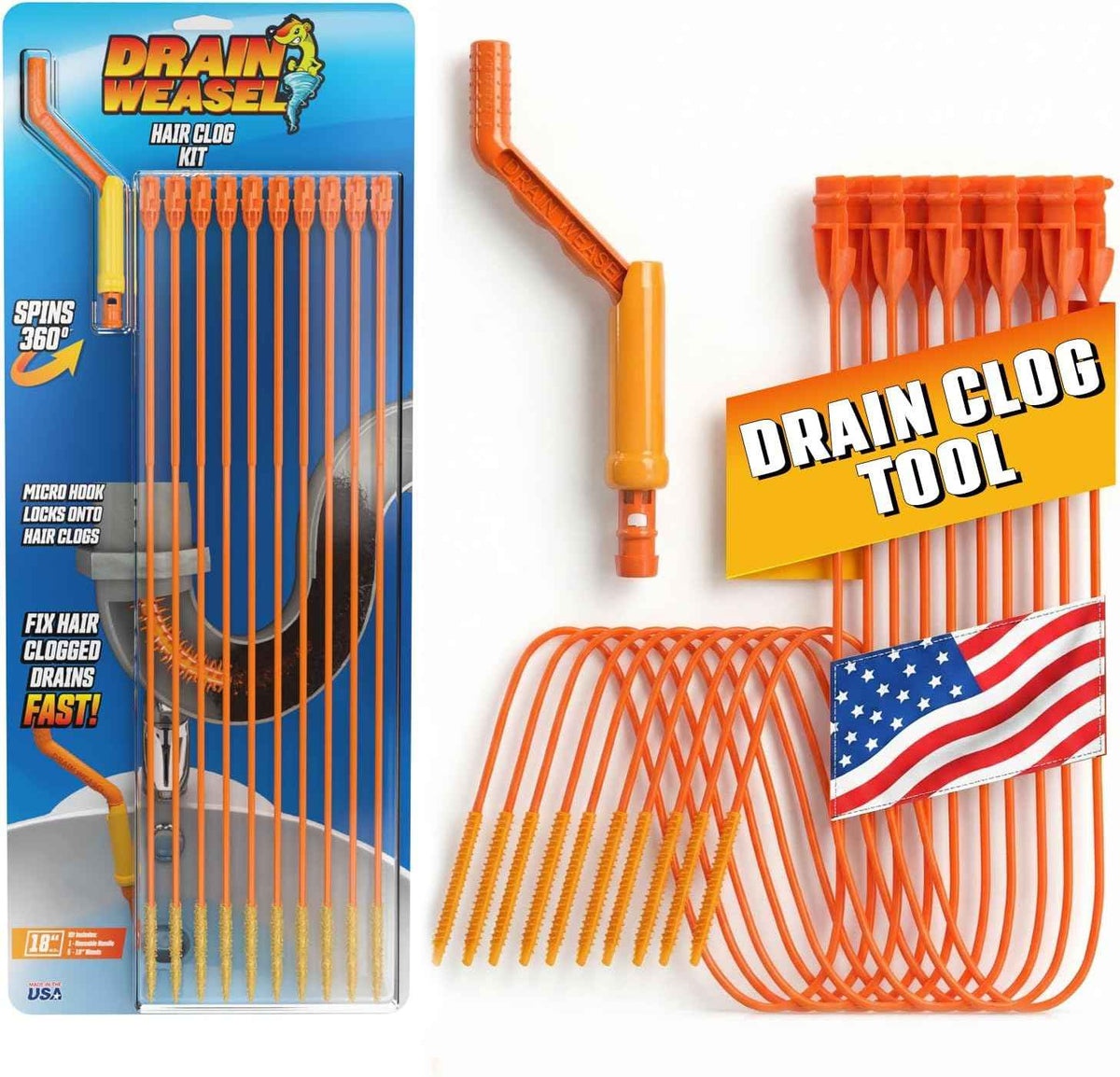 FlexiSnake Drain Weasel Sink Snake Hair Clog Remover Tool, Pipe, Bathroom, Bathtub Cleaner, 18-inch, Made in the USA, 5 Wands and Removable Handle