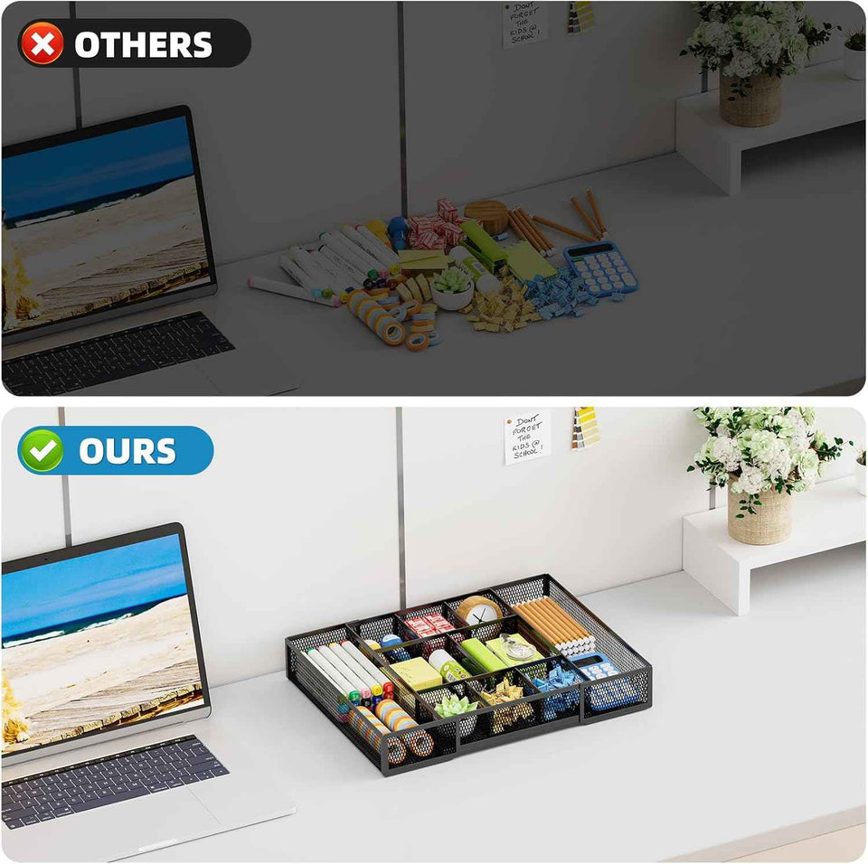 Marbrasse Expandable Desk Drawer Organizer, Mesh Drawer Organizer Tray with 10 Adjustable Compartments, Desk Organizers and Accessories, 5 Dividers Drawer for Office Supplies, Makeup & Vanity (Black)