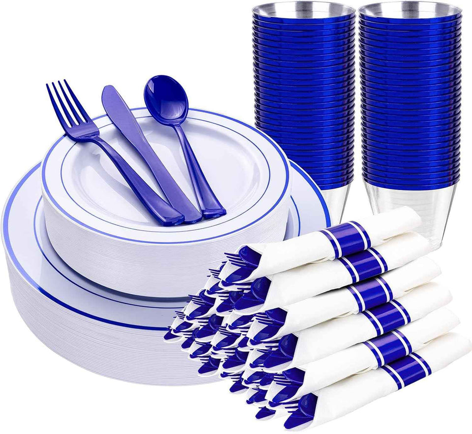 WELLIFE 700 Pieces Silver Plastic Dinnerware Set for 100 Guests - Includes Plates, Cups, Napkins, and Disposable Cutlery - Elegant White & Silver Design, Perfect for Parties and Events