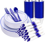 WELLIFE 700 Pieces Silver Plastic Dinnerware Set for 100 Guests - Includes Plates, Cups, Napkins, and Disposable Cutlery - Elegant White & Silver Design, Perfect for Parties and Events