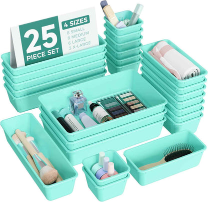 25 PCS Plastic Drawer Organizers Set, 4-Sizes Vanity and Makeup Organizer, Desk and bathroom Drawer Organizer Trays, Organizers and Storage for Makeup, Jewelry, Gadgets, Utensils (Pink)