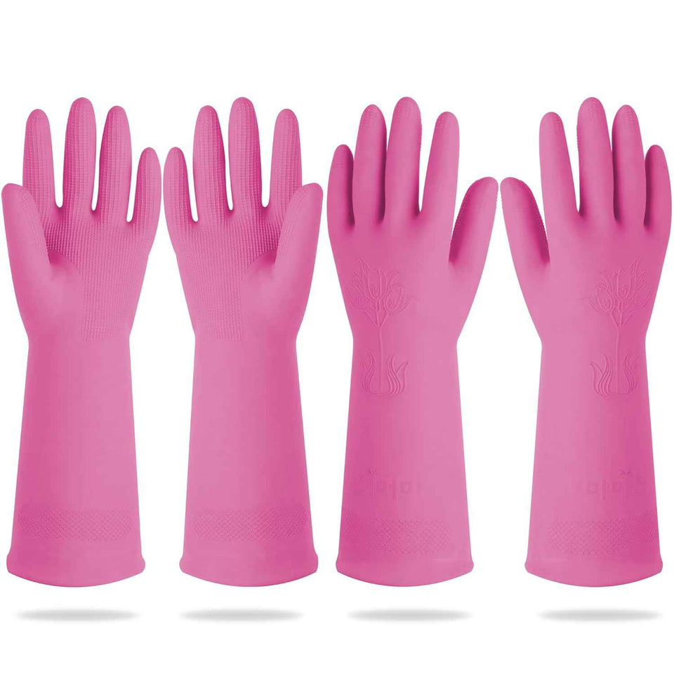 Mamison 2 Pairs Reusable Waterproof Household Dishwashing Cleaning Rubber Gloves, Non-Slip Kitchen Glove (Pink, Medium (Pack of 2))