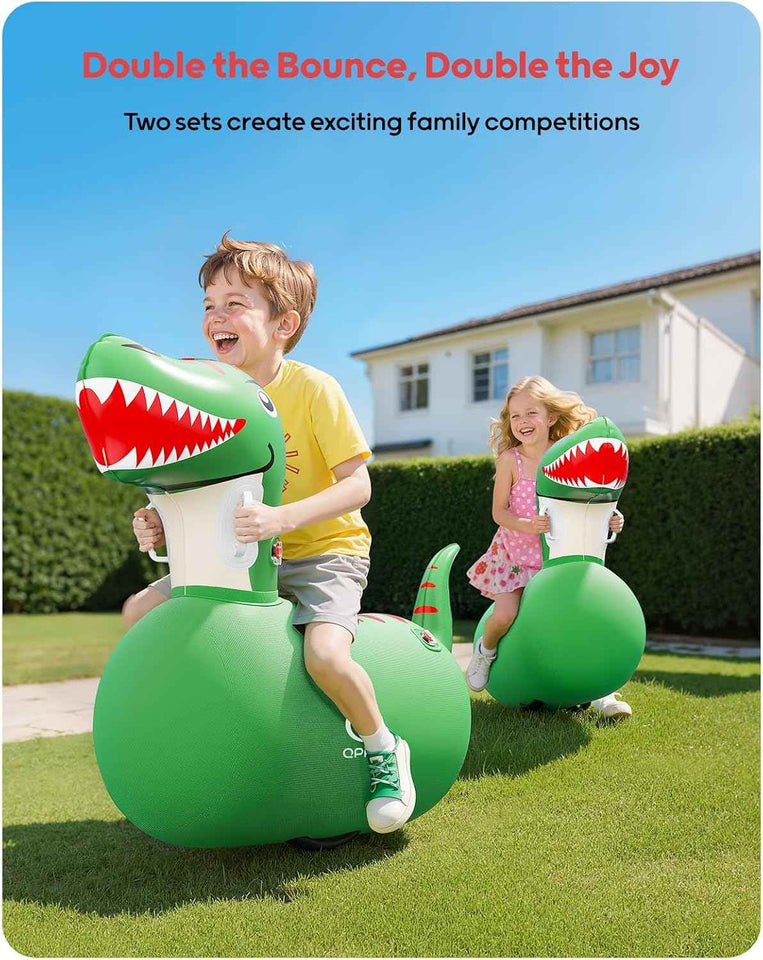 q pau inflatable bouncy dinosaur toys 2 pcs with hand pump, heavy duty giant bouncy pal, 220lbs load capacity, fun ride on bouncer for kids girls boys ages 5+
