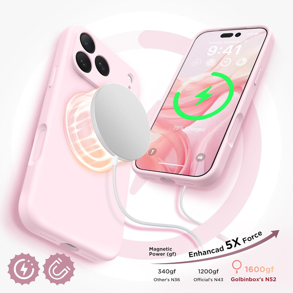 GolbinBox Magnetic for iPhone 17 Pro Max Case, Compatible with MagSafe, [Full Camera Protection] [Screen Protector], Silicone Shockproof Phone Cover with Anti-Scratch Microfiber Lining, Chalk Pink