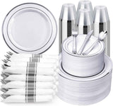 BESTVIP 700PCS Gold Plastic Dinnerware Set for 100 Guests, Disposable Plates for Party, Include: 200 Plastic Plates, 100 Pre Rolled Napkins with Gold Silverware, 100 Cups for Christmas, Halloween