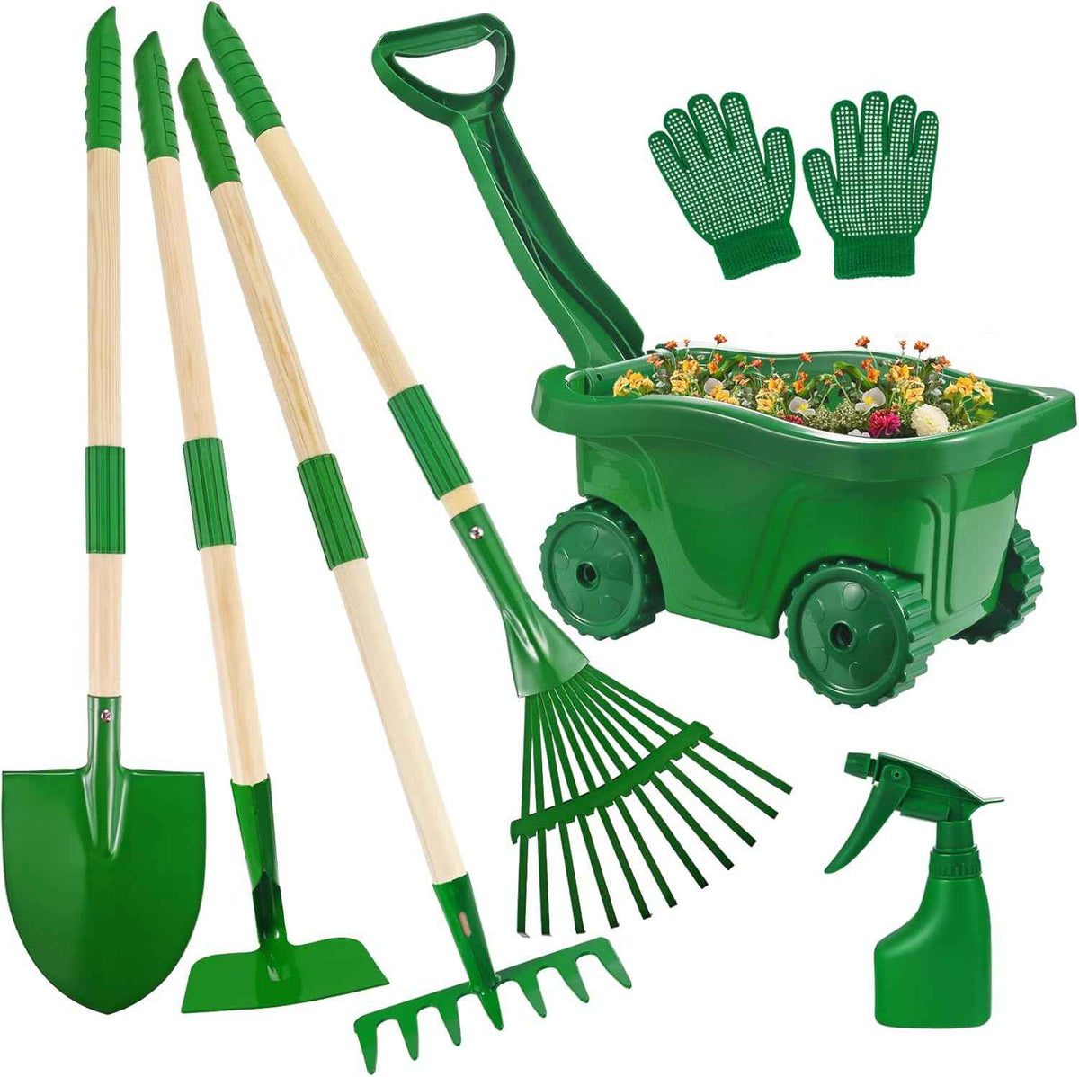 Duckura Kids Gardening Tools Set - 7pcs Wheelbarrow Set for Kids with Shovel, Rake, Leaf Rake, Summer Outdoor Yard Digging Weed Birthday Gifts Toys, Valentine's for Boys Girls Age 2 3+ Years(Green)