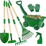 duckura kids gardening tools set 7pcs wheelbarrow set for kids with shovel rake leaf rake summer outdoor yard digging weed birthday gifts toys green