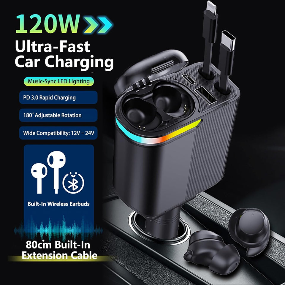 mlvoc 120w fast car charger with retractable 4-in-1 cable and wireless earbuds