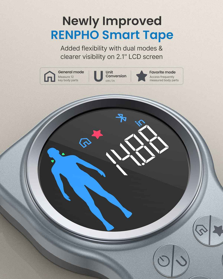 Renpho Smart Tape Measure with Bluetooth, Large Display, Weight Loss Fitness Tracker for Body Measuring Circumference Length