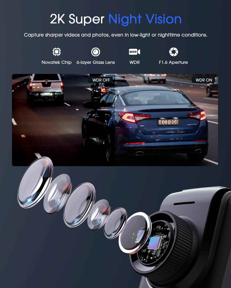 Avylet 2K WiFi dash cam with APP, External GPS, 1.5" IPS screen, WDR night vision, 24H parking monitor, loop recording, and G-sensor for cars