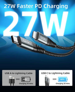 dasku usb c to lightning cable 3pack 10 ft, 3a fast charger, mfi certified, 10 foot type c charging cord
