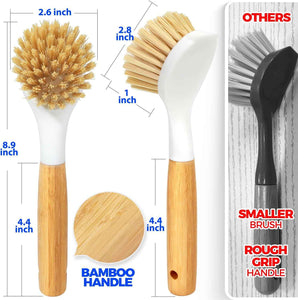 Holikme 3 Pack Dish Brush Set with Bamboo Handle, Kitchen Brushes for Cleaning Pot, Sink and Stove