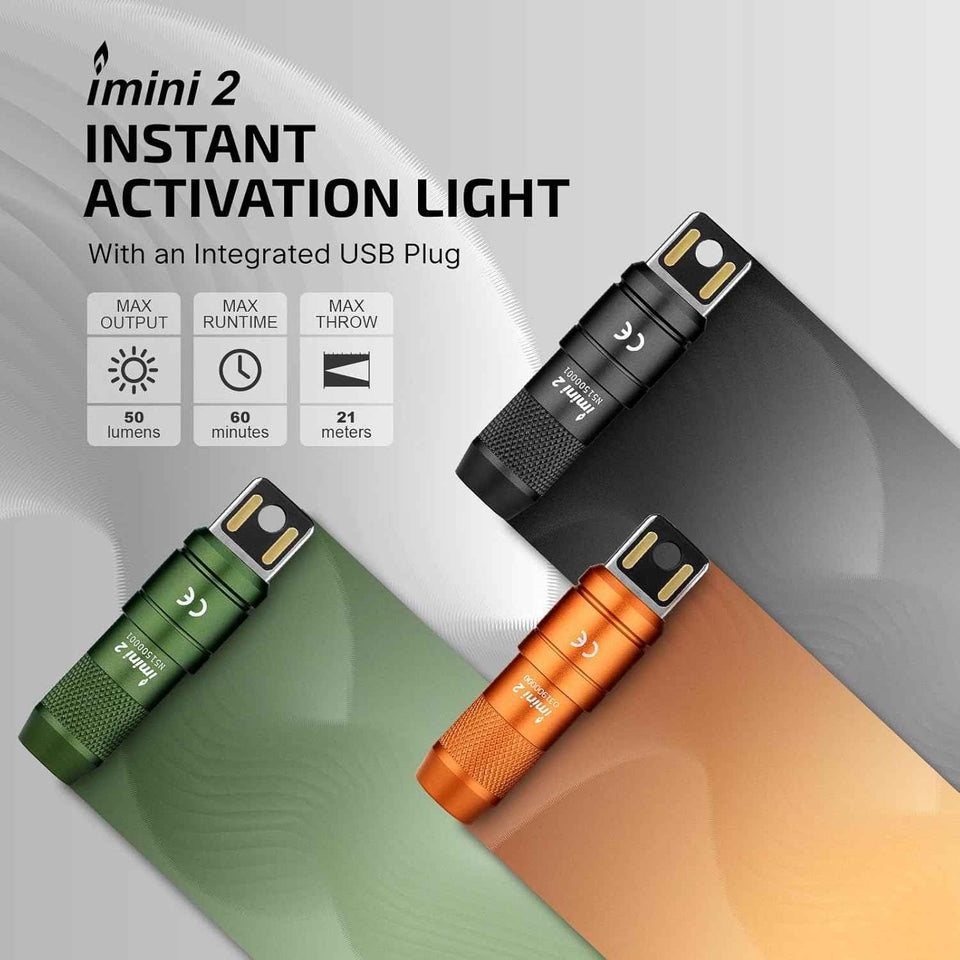 Olight imini 2 EDC rechargeable keychain flashlight, 50 lumens, compact and portable mini LED keyring light with built-in battery, ideal for everyday carry and emergencies, black