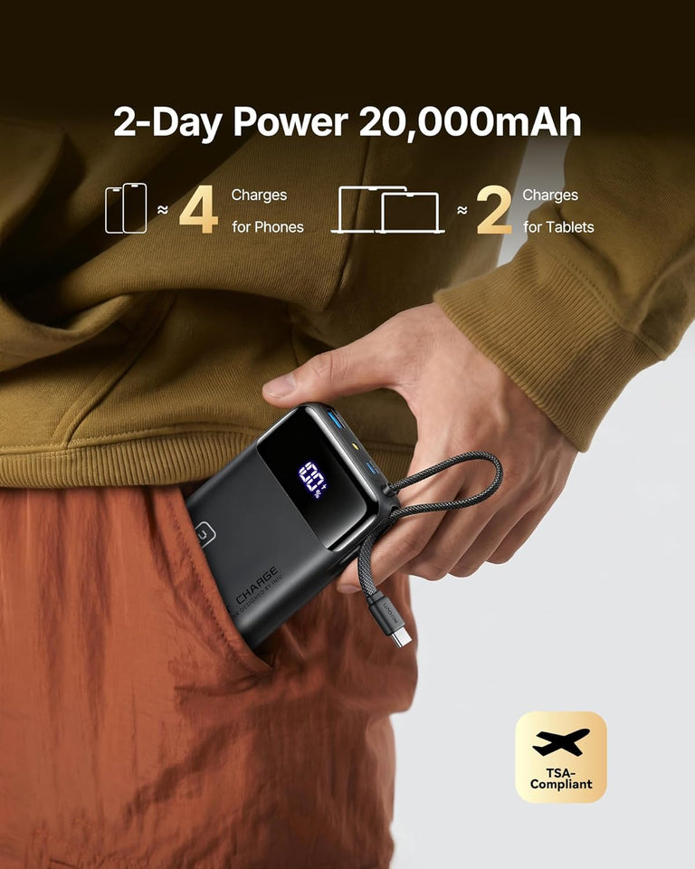 INIU 20000mAh Power Bank, Smaller 45W PD Fast Charging Portable Charger, Battery Pack with Build in USB C Cable, Travel Phone Flight-Safe Powerbank for iPhone 17 16 Samsung S26 Google iPad, Black