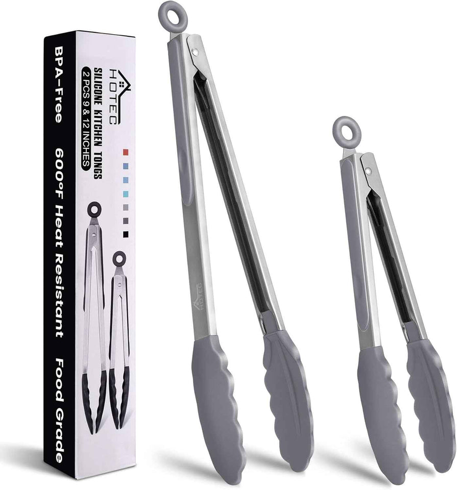 HOTEC Premium 7 & 9 Inch Kitchen Tongs, Stainless Steel Locking Cooking Tongs with Silicone Tips, Non-Scratch & Heat Resistant, Serving Tongs for Salad, BBQ, Classic Blue, Set of 2