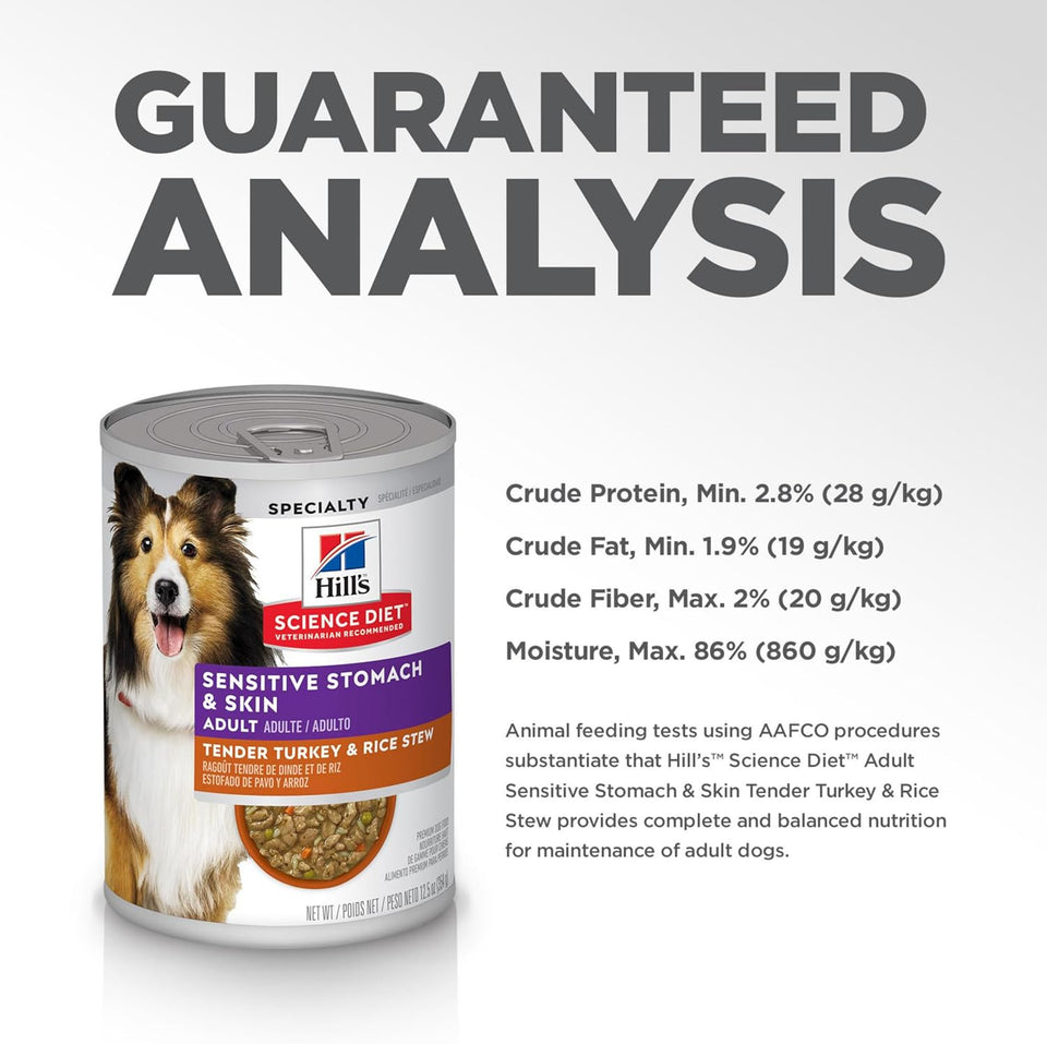 Hills science diet adult 1-6 sensitive stomach & sensitive skin dog food, 12.5 oz tender turkey & rice stew in gravy, 12-pack
