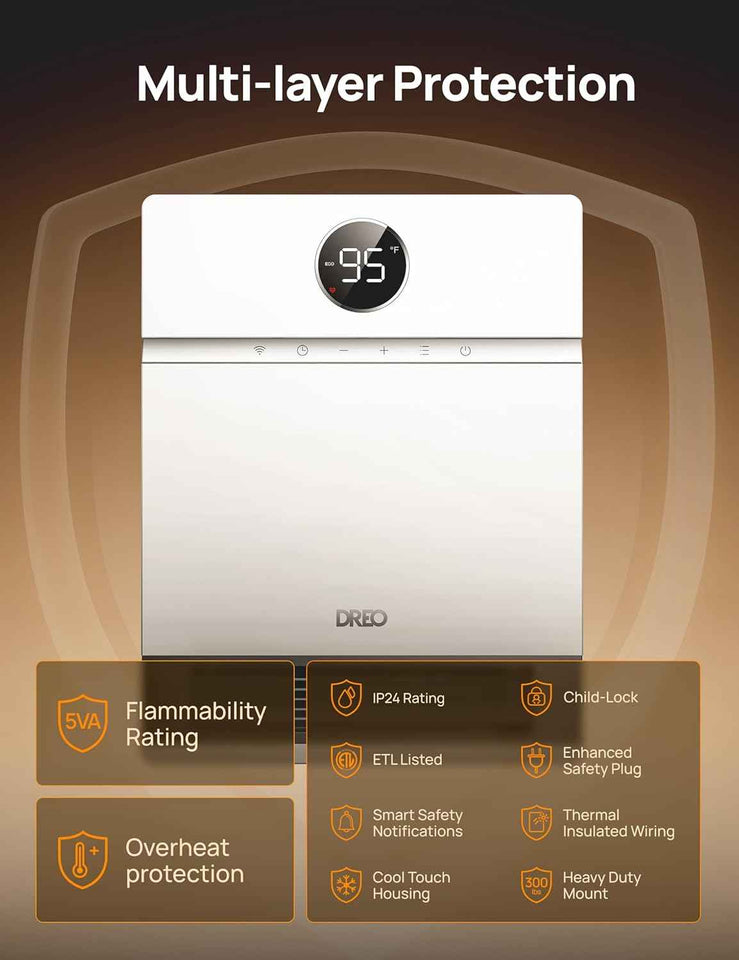 DREO Smart Wall Heater, IP24 Electric PTC Space Heaters for Indoor Use, 30° Oscillation, Adjustable Thermostat, Remote Control, Works with Alexa, 24H Timer, Easy-mounted for Office, Bedroom, Home