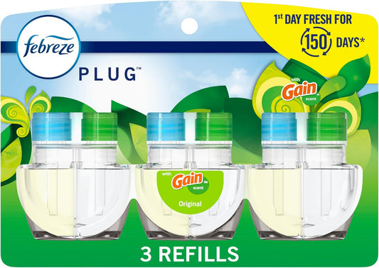Febreze Plug-In Air Freshener, Odor-Fighting Scented Oil Refill, Air Fresheners for Home, Bathroom and Kitchen, Long Lasting, Gain Original Scent, 0.87oz Refills, Blue and Green, 3 Count