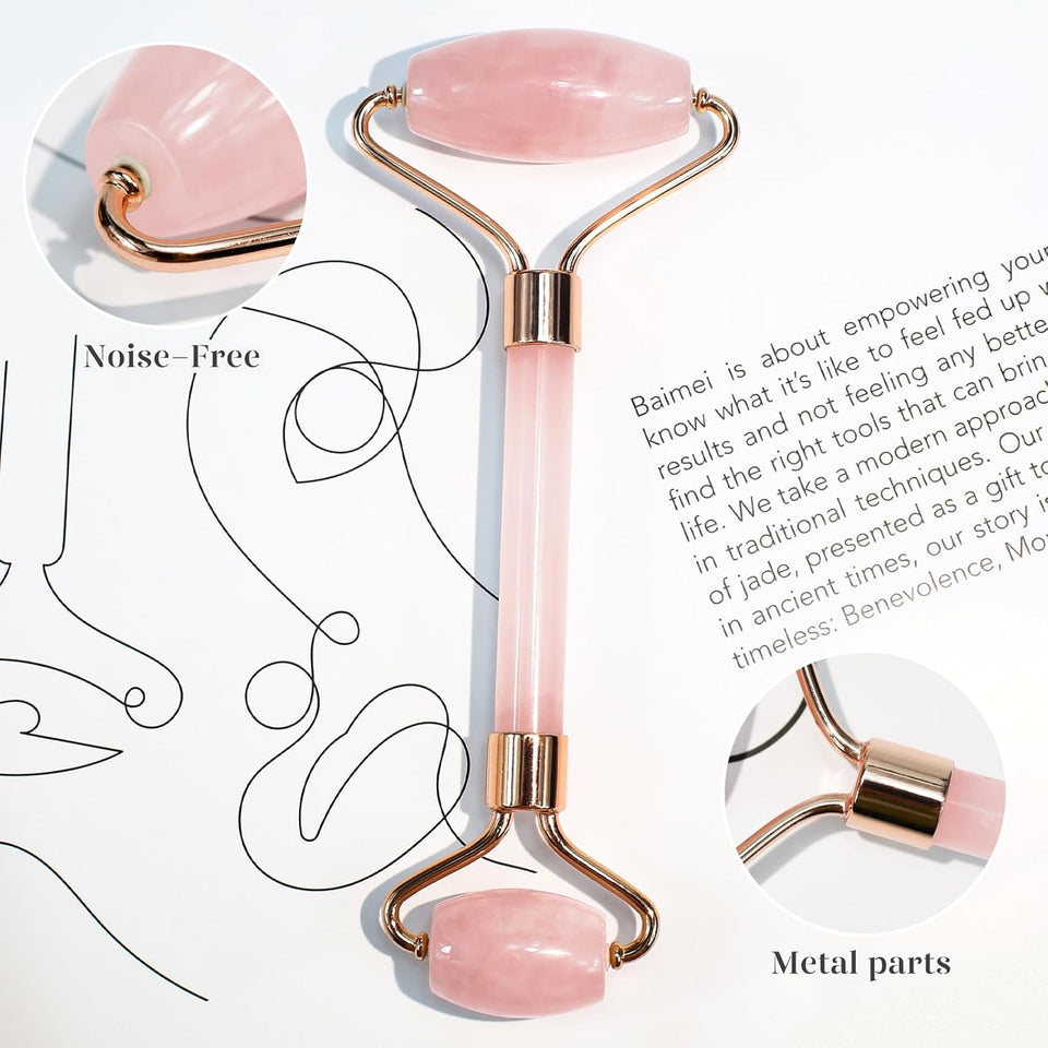 BAIMEI IcyMe rose quartz jade roller and gua sha for radiant skin, redness reducing self-care tools for men and women