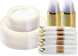 BESTVIP 700PCS Gold Plastic Dinnerware Set for 100 Guests, Disposable Plates for Party, Include: 200 Plastic Plates, 100 Pre Rolled Napkins with Gold Silverware, 100 Cups for Christmas, Halloween