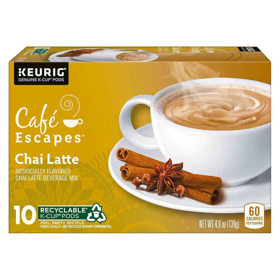 Café Escapes Chai Latte single-serve K-cup pods in 60 count box, low caffeine, contains milk, black tea and spices