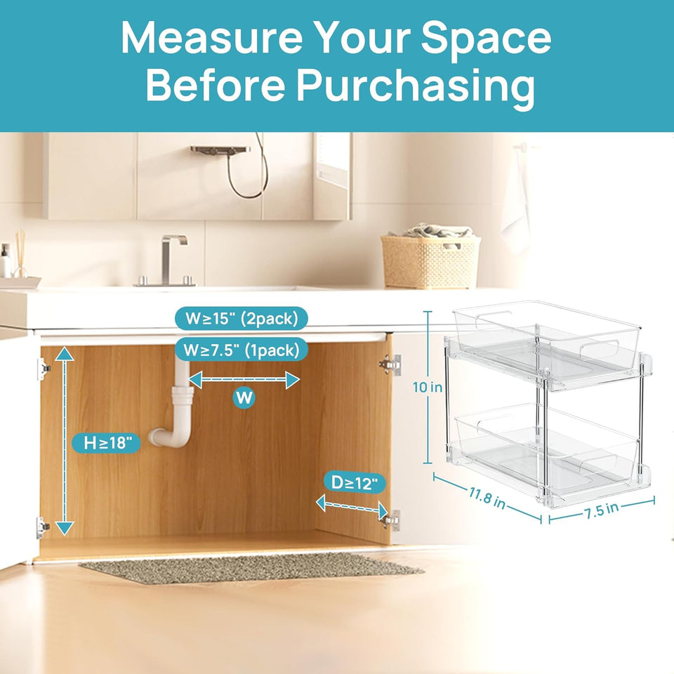 Vtopmart 4 Pack Bathroom Organizer, 2 Tier Clear Under Sink Organizers Vanity Countertop Storage Container,Cabinet Drawers Bins, Pull-Out Organization with Track for Pantry, Kitchen