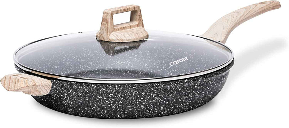 CAROTE Non Stick Frying Pan Skillet, Nonstick Granite Fry Pan with Glass Lid, Egg Pan Omelet Pans, Stone Cookware Chef's Pan, PFOA Free (Classic Granite, 10-Inch)