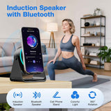 Tarkari 5-in-1 wireless induction speaker with 360° rotation stand and colorful ambient light, compatible with iPhone, iPad, and Android
