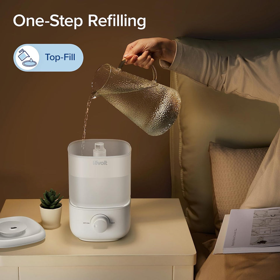 LEVOIT Top Fill Humidifiers for Bedroom, 2.5L Tank for Large Room, Easy to Fill & Clean, 28dB Quiet Cool Mist Air Humidifier for Home Baby Nursery & Plants, Auto Shut-off for Safety, 25H