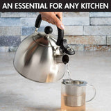 Primula Stewart Whistling Stovetop Tea Kettle, 1.5-Quart, Food Grade Stainless Steel, Hot Water Fast, Cool Touch Folding Handle, Black