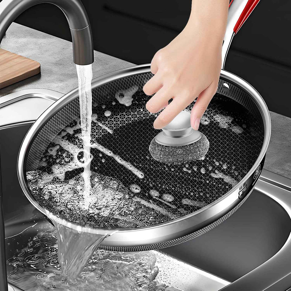 Stainless Steel Wool Scrubber with 2 Replacement Pads - Clean Metal Pans, Pots, Grills & More