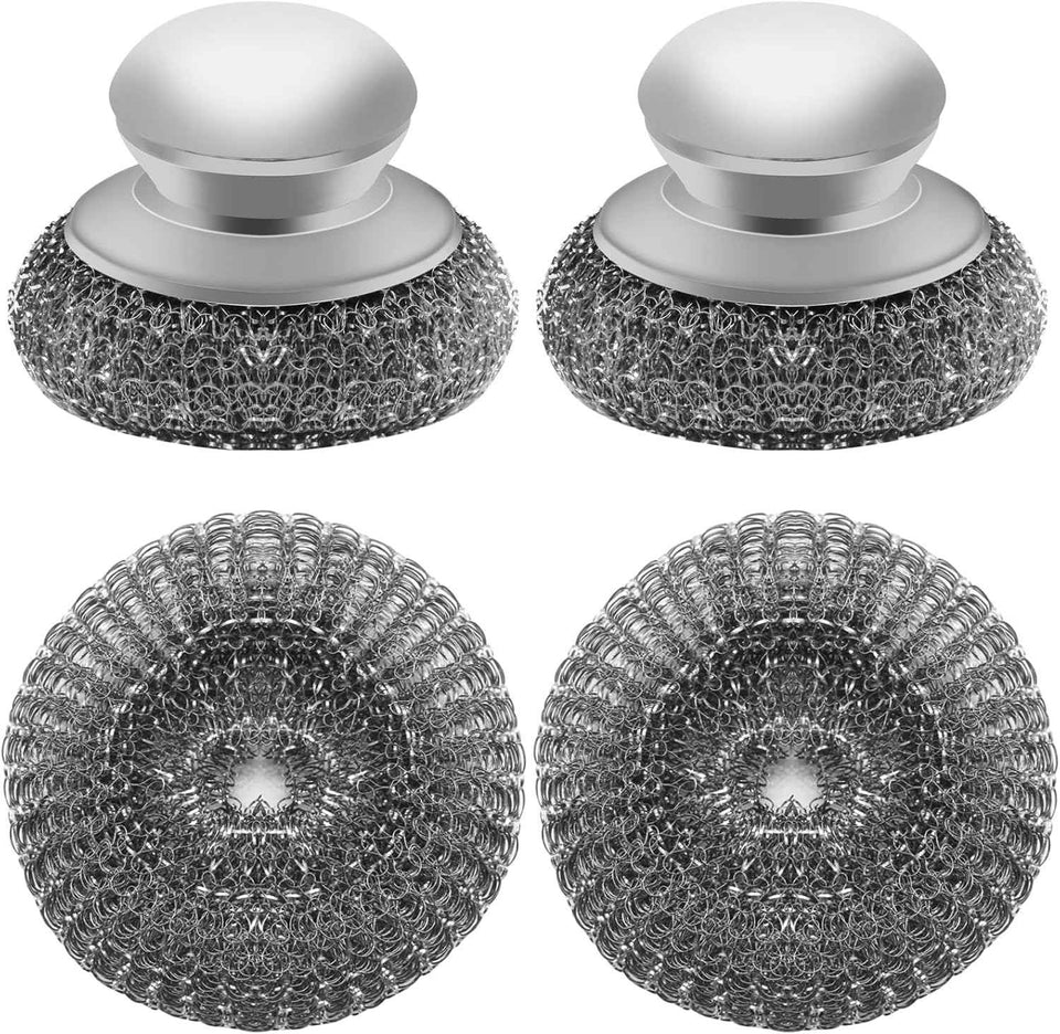 stainless steel wool scrubber with 2 replacement pads for cleaning metal pans pots grills