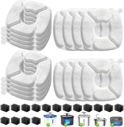 32 Pcs cat fountain replacement filters with 16 pack sponges for 95oz/2.8L, 135oz/4L, 67oz/2L pet drinking fountains