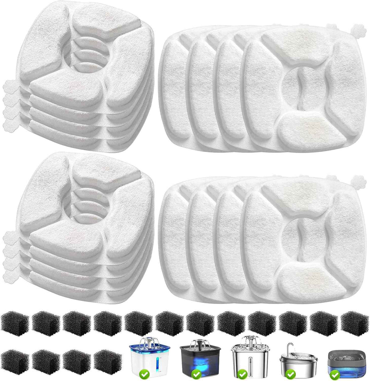 32 Pcs cat fountain replacement filters with 16 pack sponges for 95oz/2.8L, 135oz/4L, 67oz/2L pet drinking fountains