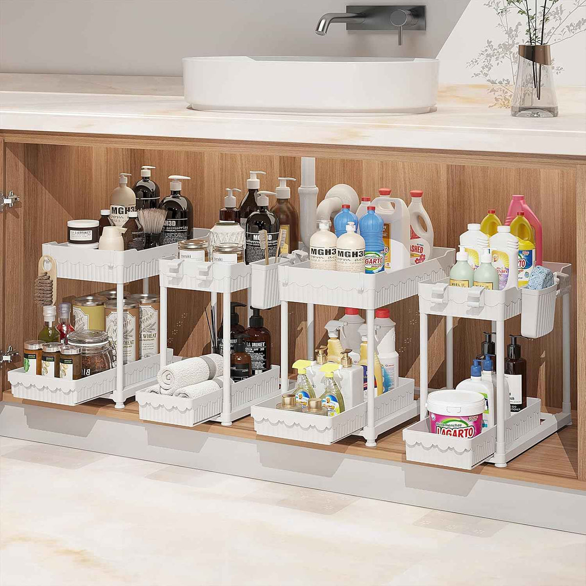 4 Pack Under Sink Organizer, Bathroom Organizers and Storage, 2 Tier Multi-Use Pull Out Cabinet Organizer with Hang Hooks and Cups (Black, 4 Pack)