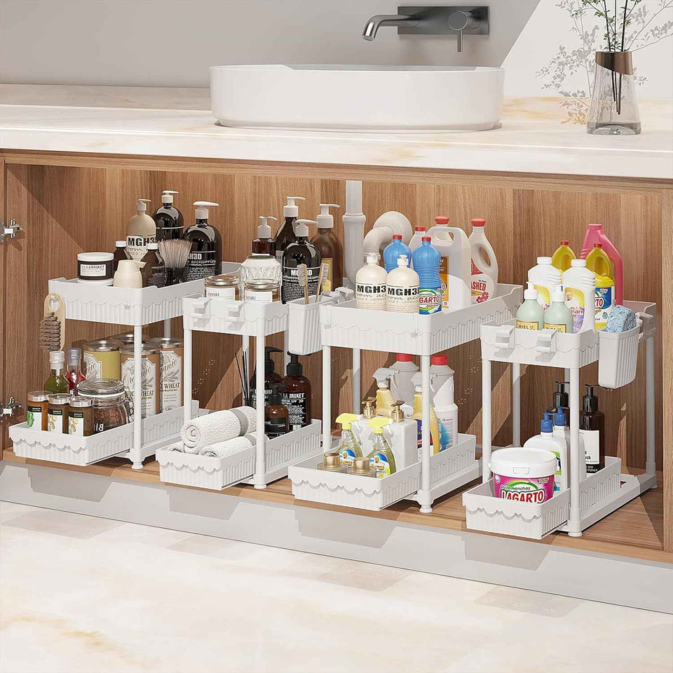 4 Pack Under Sink Organizer, Bathroom Organizers and Storage, 2 Tier Multi-Use Pull Out Cabinet Organizer with Hang Hooks and Cups (Black, 4 Pack)