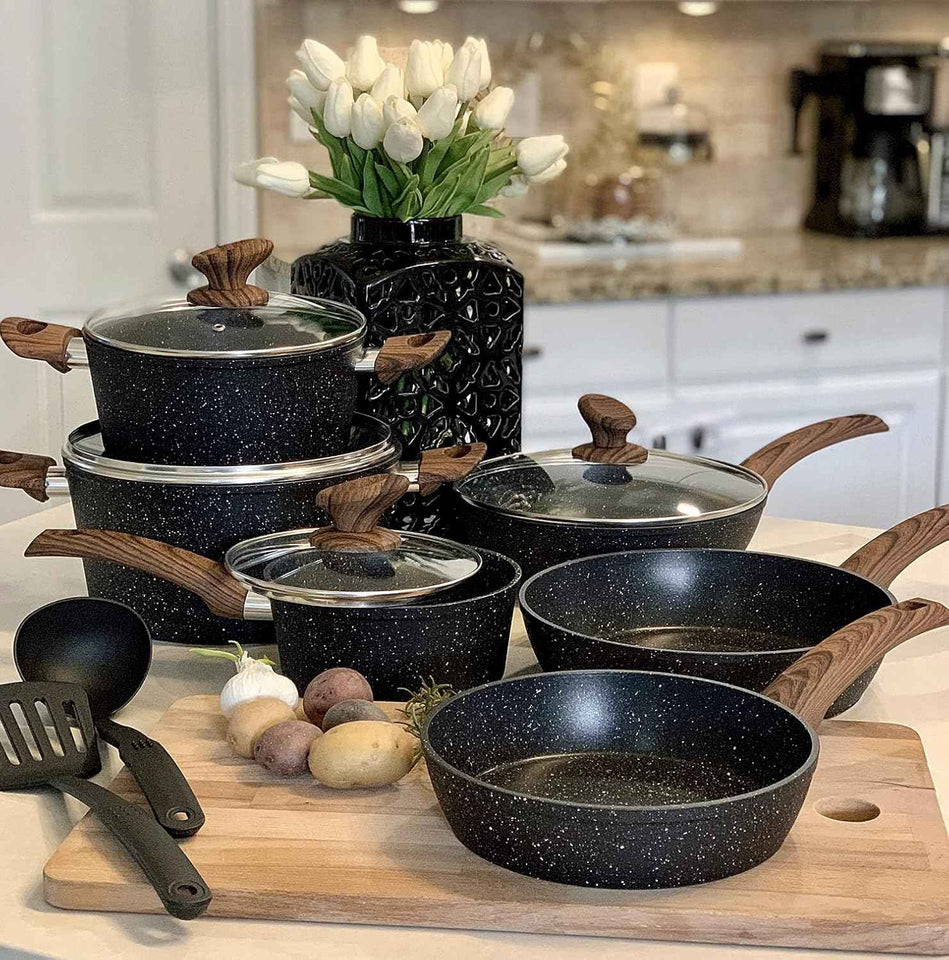 Kitchen Academy Induction Pots and Pans Set Non Stick - 12 Piece Granite Cookware Set, Black Kitchen Nonstick Cooking Pans Set