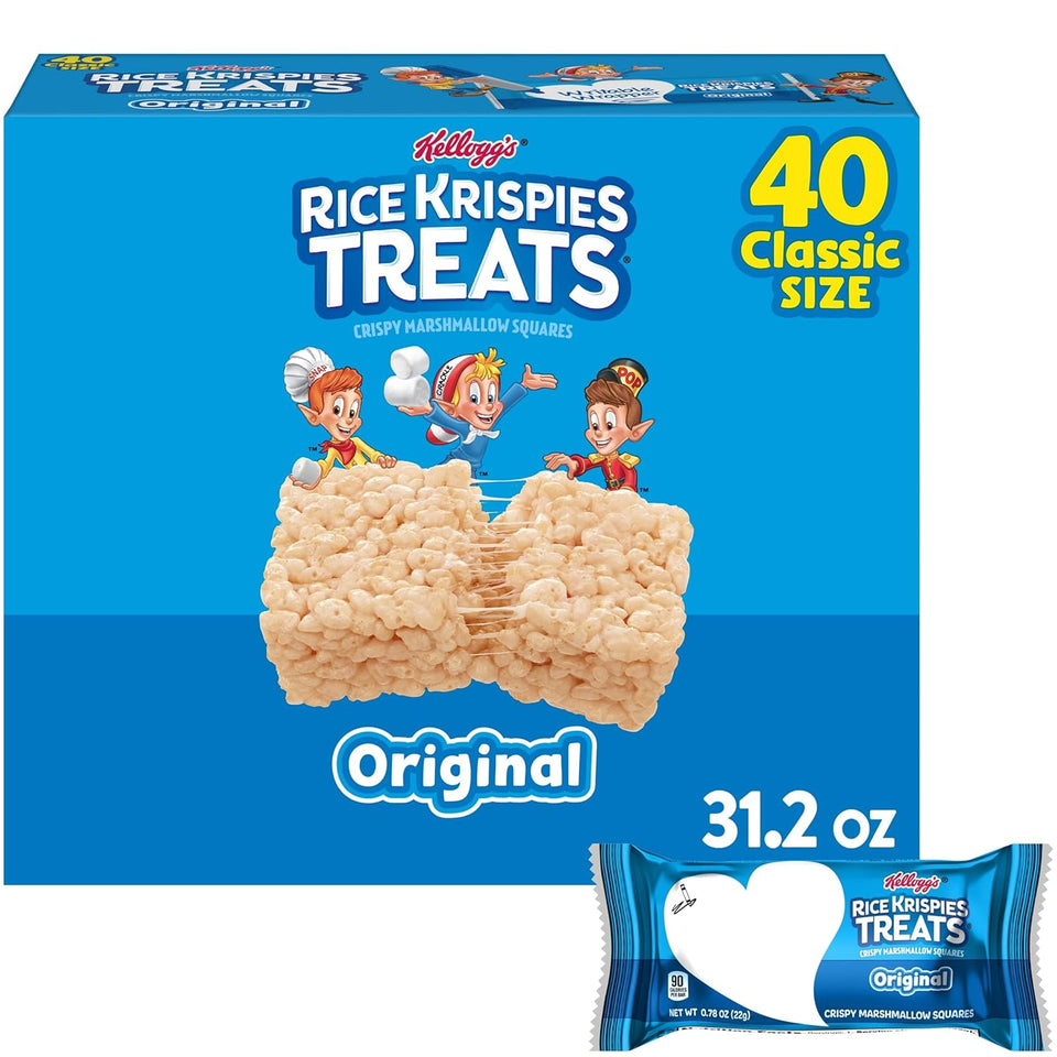 Rice Krispies Treats Crispy Marshmallow Squares, Kids Snacks, Snack Bars, Original, 31.2oz Box (40 Bars)
