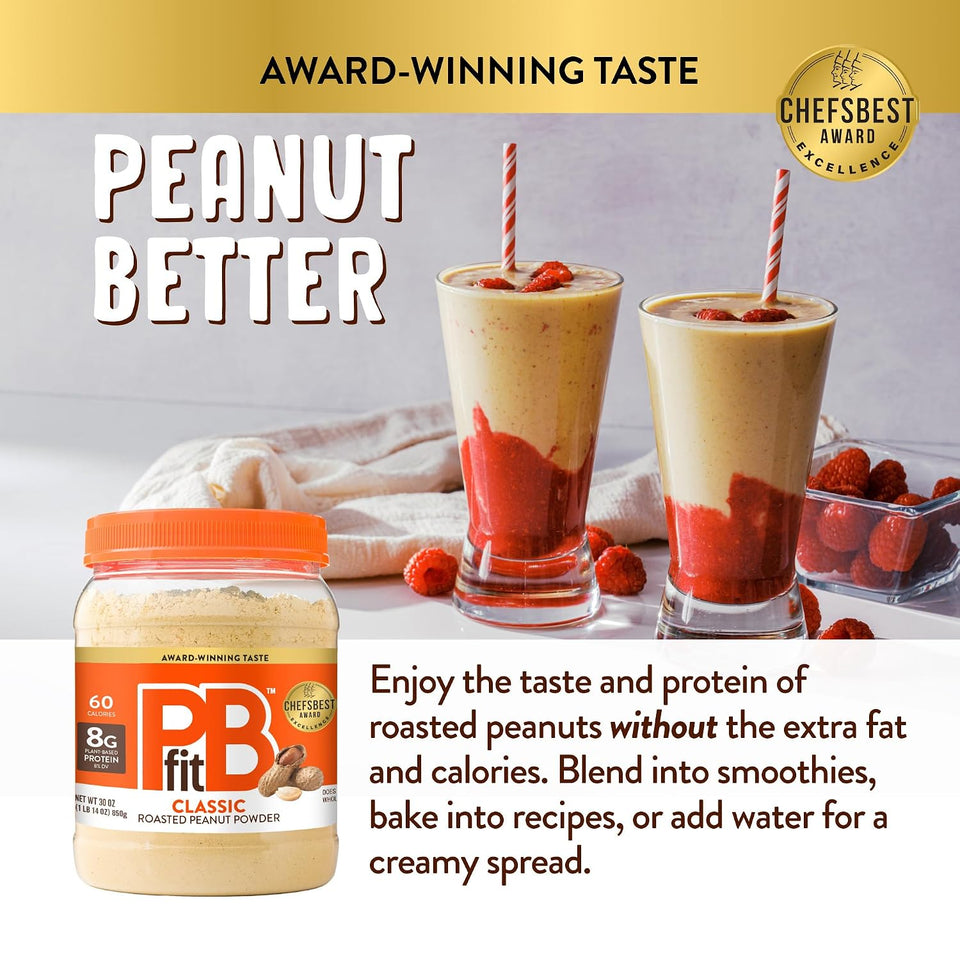 pbfit 30 ounce classic peanut butter powder, powdered peanut butter spread from real roasted peanuts, 8g protein, gluten-free