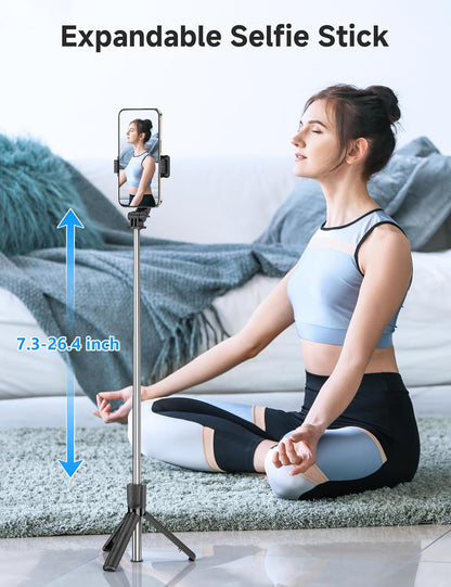 Portable Selfie Stick, 4 in 1 Extendable Phone Tripod Stand with Detachable Wireless Remote & Phone Holder 360° Rotating Mini Travel Tripod Compatible with iPhone 16/15/14/13 Pro/Android/Gopro