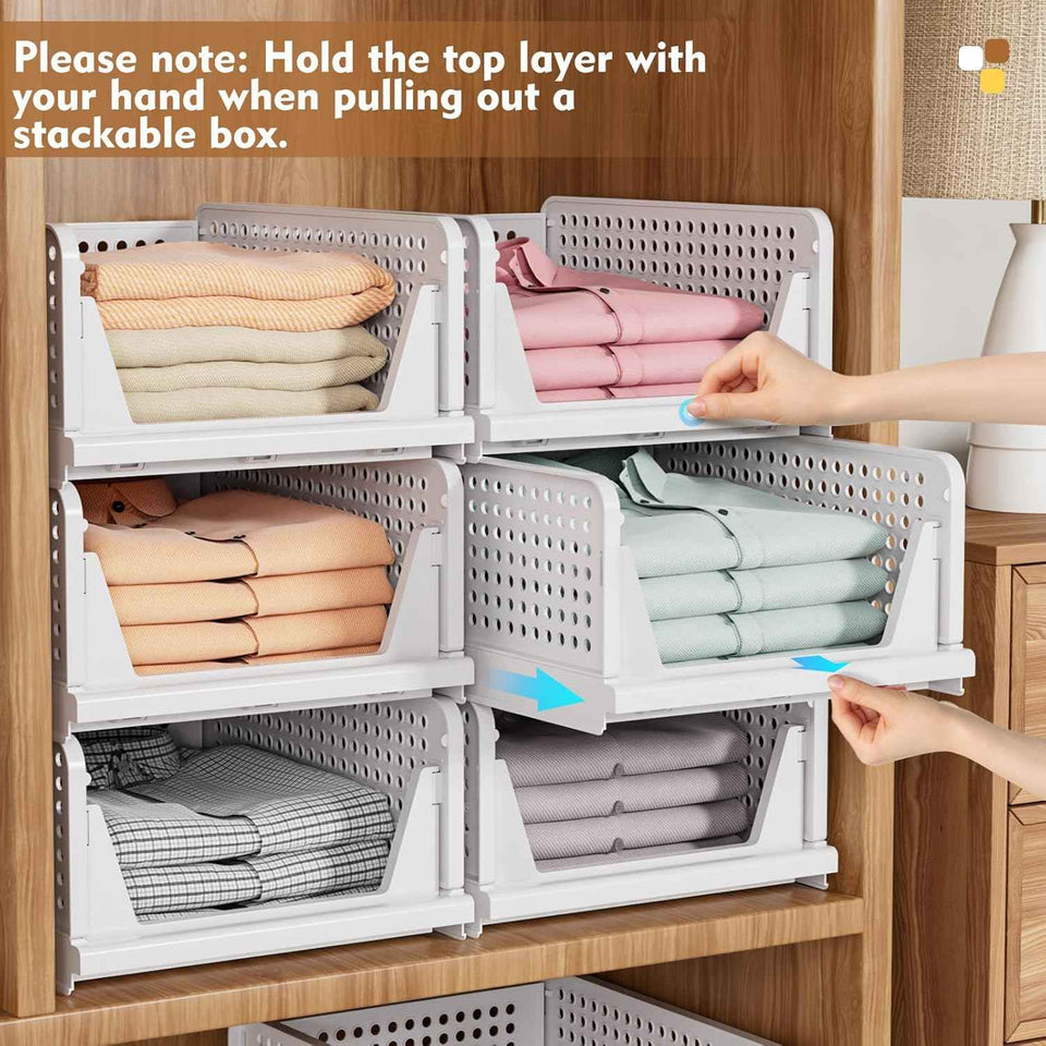SNSLXH 5 Pack Stackable Closet Storage Basket, Multifunctional & Foldable Closet Organizer for Bathroom Kitchen Laundry Room Wardrobe Storage, Space-Saving Clothes Storage Drawer Organizer, White