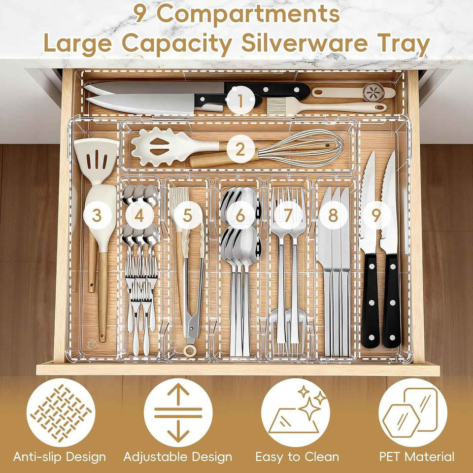 Silverware Organizer, Clear Utensil Drawer Tray with Adjustable Compartments for Spoons, Forks, Knives