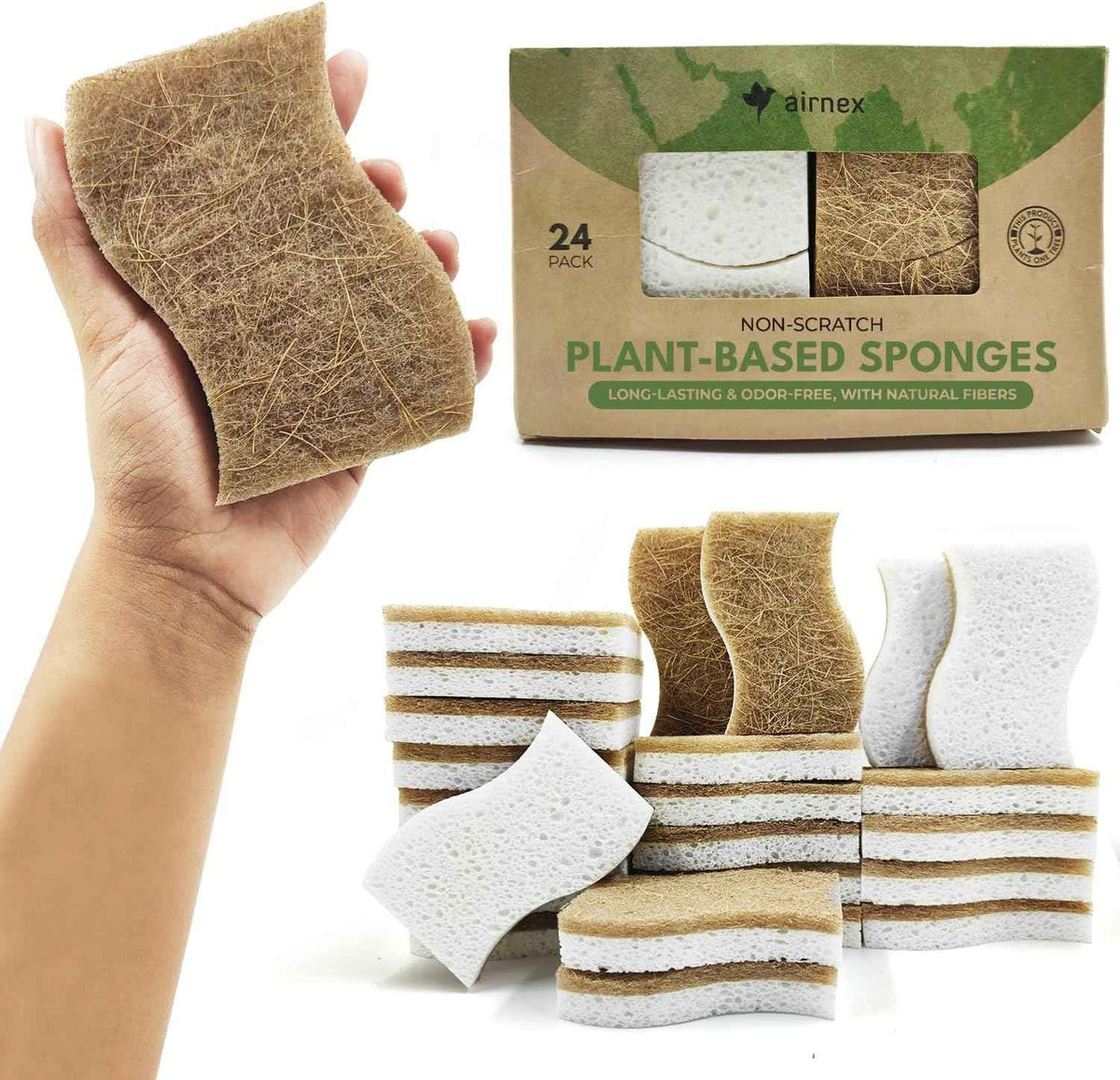 Biodegradable Natural Kitchen Sponge - Compostable Cellulose and Coconut Walnut Scrubber Sponge (12 Pack)