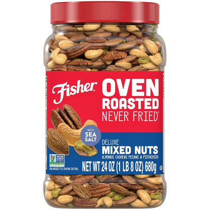Fisher Oven Roasted Never Fried Deluxe Mixed Nuts, 24 Ounces (Pack of 1), Almonds, Cashews, Pecans, Pistachios, Healthy Snacks for Adults, Made With Sea Salt, No Added Oil, Trail Mix, Gluten Free