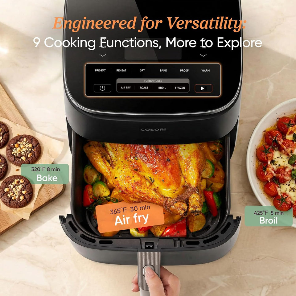 Cosori 9-in-1 TurboBlaze Air Fryer 6 Qt, Premium Ceramic Coating, 90°–450°F, Precise Heating for Even Results, Air Fry, Roast, Bake, Broil, Dry, Frozen, Proof, Reheat, Keep Warm, 120V, Dark Gray