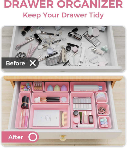 25 PCS Plastic Drawer Organizers Set, 4-Sizes Vanity and Makeup Organizer